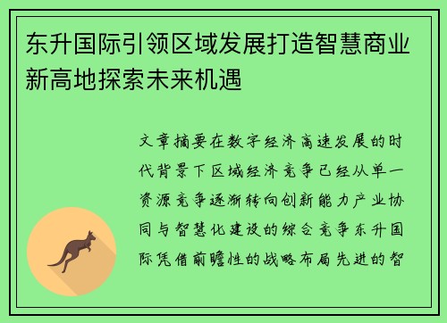 东升国际引领区域发展打造智慧商业新高地探索未来机遇